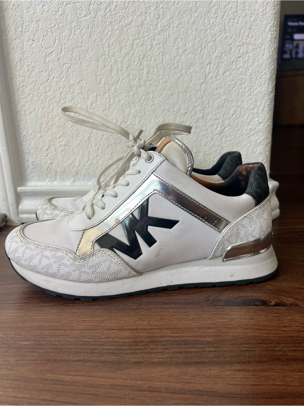 Michael Kors White & Silver MK Logo Platform Sneakers